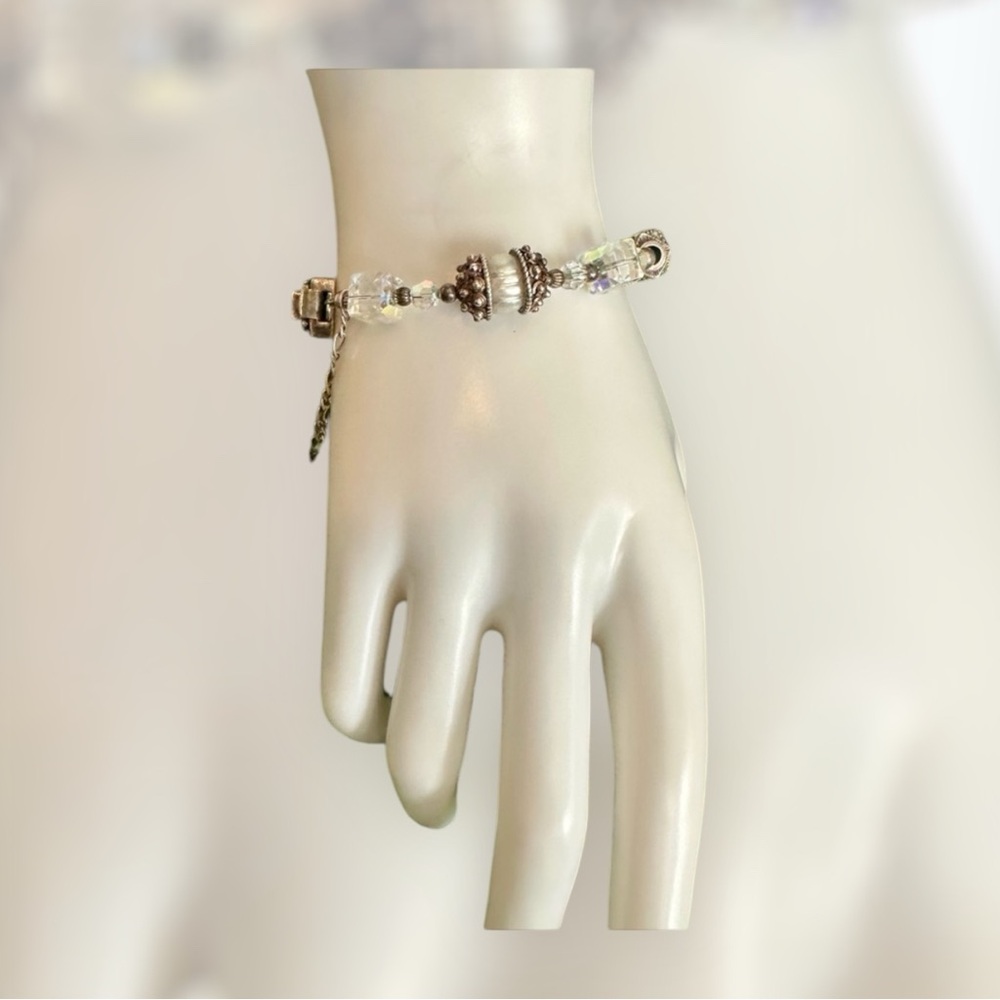 Silver Bracelet Crystal Cubes Artisan genuine  pearl Vintage 6.5”